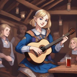 A detailed illustration of a 19-year-old human female bard with a blonde bob style hair and big blue eyes, designed for a Dungeons & Dragons (D&D) setting