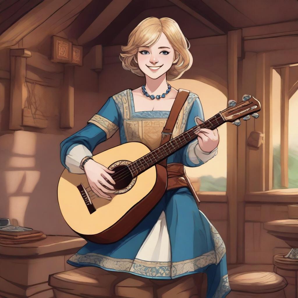 A detailed illustration of a 19-year-old human female bard with blonde bob loose style hair and big blue eyes, designed for a Dungeons & Dragons (D&D) setting