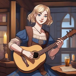 A detailed illustration of a 19-year-old human female bard with blonde bob loose style hair and big blue eyes, designed for a Dungeons & Dragons (D&D) setting