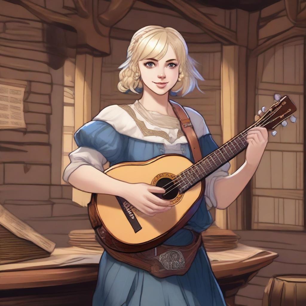 A detailed illustration of a 19-year-old human female bard with blonde bob loose style hair and big blue eyes, designed for a Dungeons & Dragons (D&D) setting