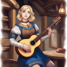 A detailed illustration of a 19-year-old human female bard with blonde bob loose style hair and big blue eyes, designed for a Dungeons & Dragons (D&D) setting