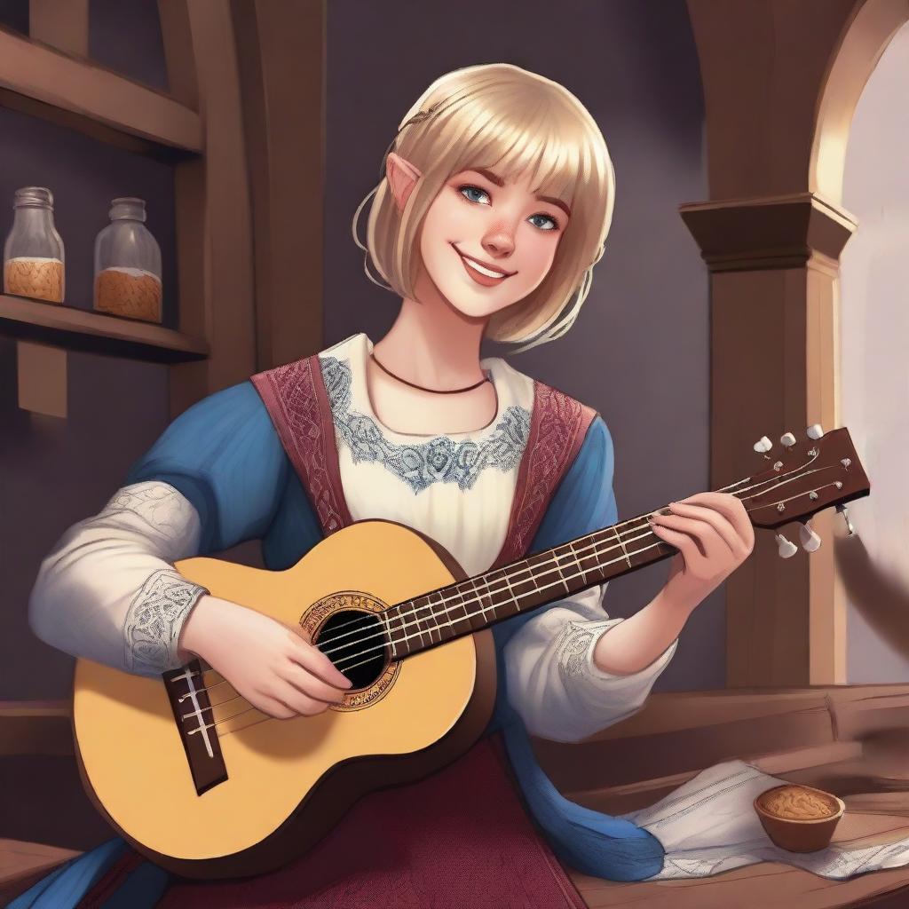 A detailed illustration of a 19-year-old human female bard with blonde bob loose style hair with bangs and big blue eyes, designed for a Dungeons & Dragons (D&D) setting