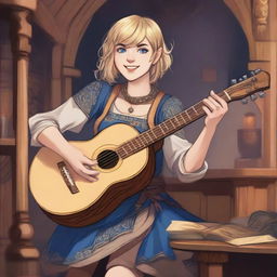 A detailed illustration of a 19-year-old human female bard with blonde bob loose style hair with bangs and big blue eyes, designed for a Dungeons & Dragons (D&D) setting