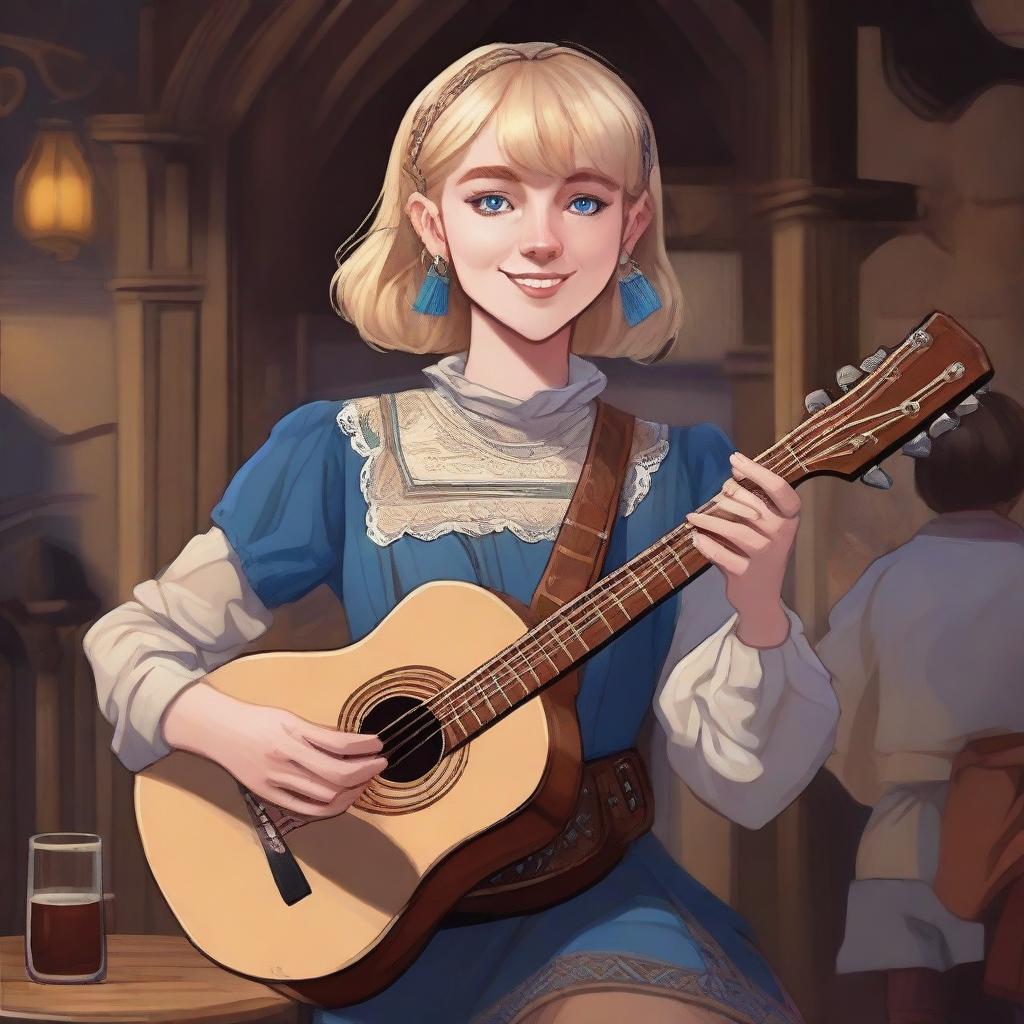 A detailed illustration of a 19-year-old human female bard with blonde bob loose style hair with bangs and big blue eyes, designed for a Dungeons & Dragons (D&D) setting