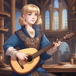 A detailed illustration of a 19-year-old human female bard with blonde bob loose style hair with bangs and big blue eyes, designed for a Dungeons & Dragons (D&D) setting