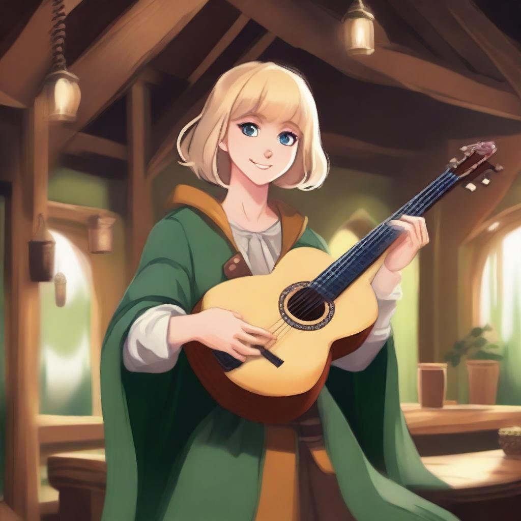 A detailed illustration of a 19-year-old human female bard with a blonde bob in a loose style with bangs and big blue eyes