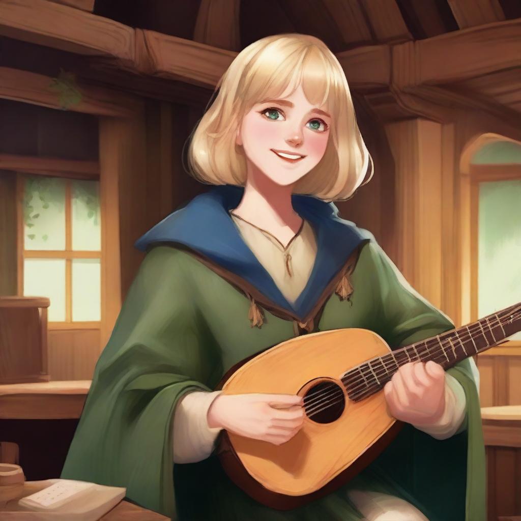 A detailed illustration of a 19-year-old human female bard with a blonde bob in a loose style with bangs and big blue eyes