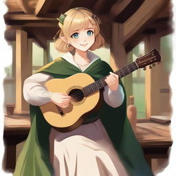 A detailed illustration of a 19-year-old human female bard with a blonde bob in a loose style with bangs and big blue eyes