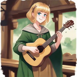 A detailed illustration of a 19-year-old human female bard with a blonde bob in a loose style with bangs and big blue eyes