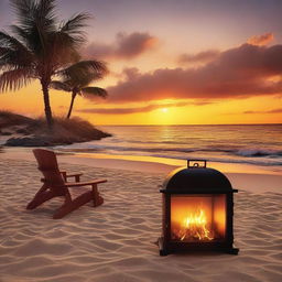 A visually appealing and alluring scene with a focus on warmth and heat, possibly featuring a summer beach setting, a blazing sunset, or a cozy fireplace