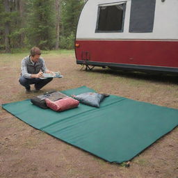 Adjust the four-part foam mat in the camping scene to be elongated, emphasizing its length and utility in the outdoor space.