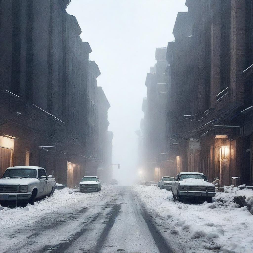 A haunting image of an abandoned city, its streets and buildings covered in a thick blizzard