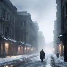 A haunting image of an abandoned city, its streets and buildings covered in a thick blizzard