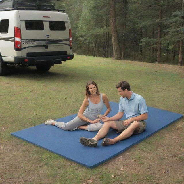 Adjust the four-part foam mat in the camping scene to be elongated, emphasizing its length and utility in the outdoor space.