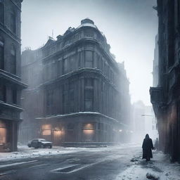 A haunting image of an abandoned city, its streets and buildings covered in a thick blizzard