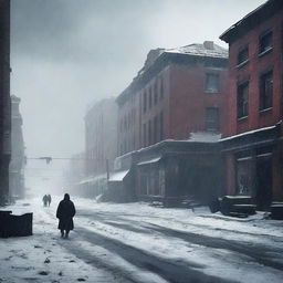 A haunting image of an abandoned city, its streets and buildings covered in a thick blizzard