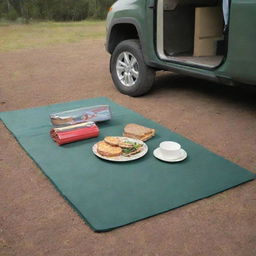 Adjust the four-part foam mat in the camping scene to be elongated, emphasizing its length and utility in the outdoor space.