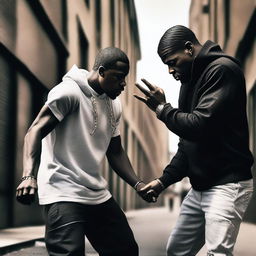 A black man, dressed in rapper attire, is depicted in a dramatic scene where one of his hands is attempting to harm himself while the other hand is trying to stop the action