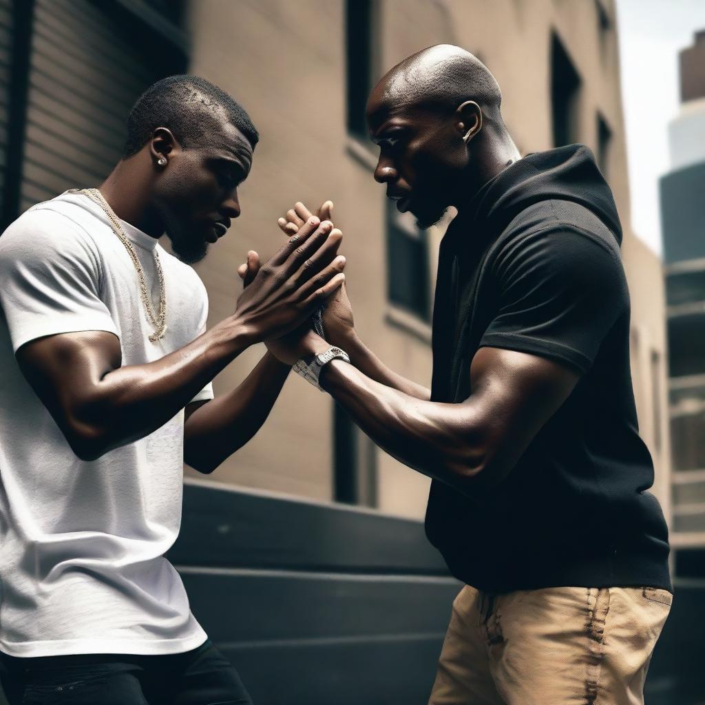 A black man, dressed in rapper attire, is depicted in a dramatic scene where one of his hands is attempting to harm himself while the other hand is trying to stop the action