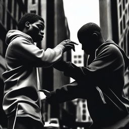 A black man, dressed in rapper attire, is depicted in a dramatic scene where one of his hands is attempting to harm himself while the other hand is trying to stop the action