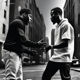 A black man, dressed in rapper attire, is depicted in a dramatic scene where one of his hands is attempting to harm himself while the other hand is trying to stop the action