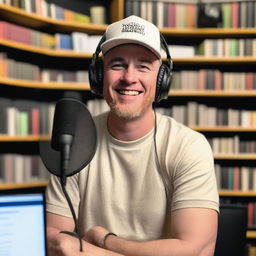 A white man wearing a hat, sitting in front of a microphone setup for a podcast