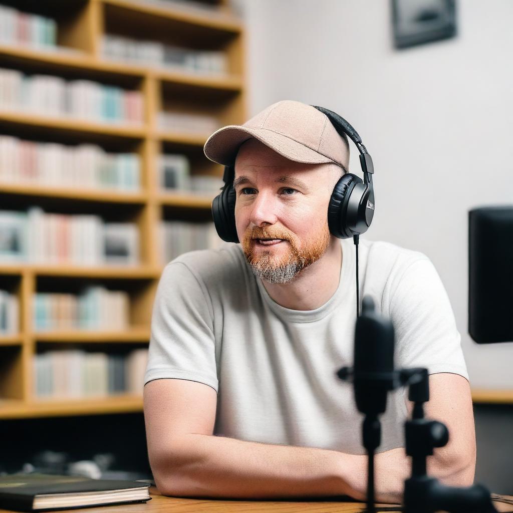 A white man wearing a hat, sitting in front of a microphone setup for a podcast