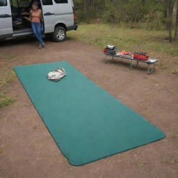 Adjust the four-part foam mat in the camping scene to be elongated, emphasizing its length and utility in the outdoor space.