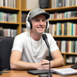 A white man wearing a hat, sitting in front of a microphone setup for a podcast