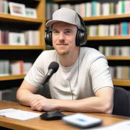 A white man wearing a hat, sitting in front of a microphone setup for a podcast