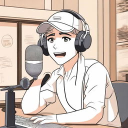 A white male character in anime style, wearing a hat and speaking into a microphone as if he is hosting a podcast