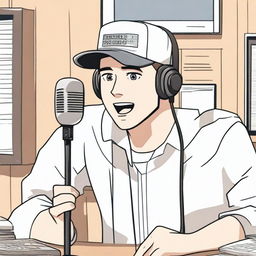 A white male character in anime style, wearing a hat and speaking into a microphone as if he is hosting a podcast