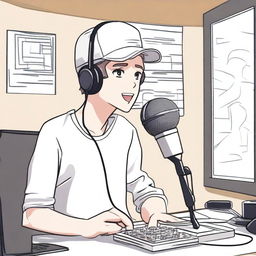 A white male character in anime style, wearing a hat and speaking into a microphone as if he is hosting a podcast