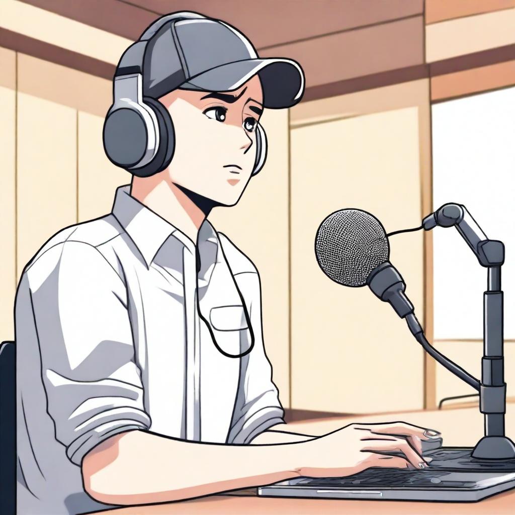 A white male character in anime style, wearing a hat and speaking into a microphone as if he is hosting a podcast