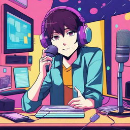 A vibrant and colorful anime-style illustration of a male character hosting a podcast