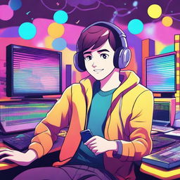 A vibrant and colorful anime-style illustration of a male character hosting a podcast