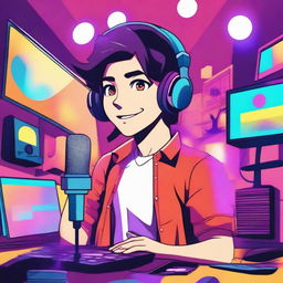 A vibrant and colorful anime-style illustration of a male character hosting a podcast