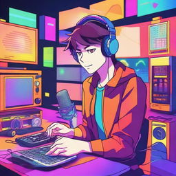 A vibrant and colorful anime-style illustration of a male character hosting a podcast