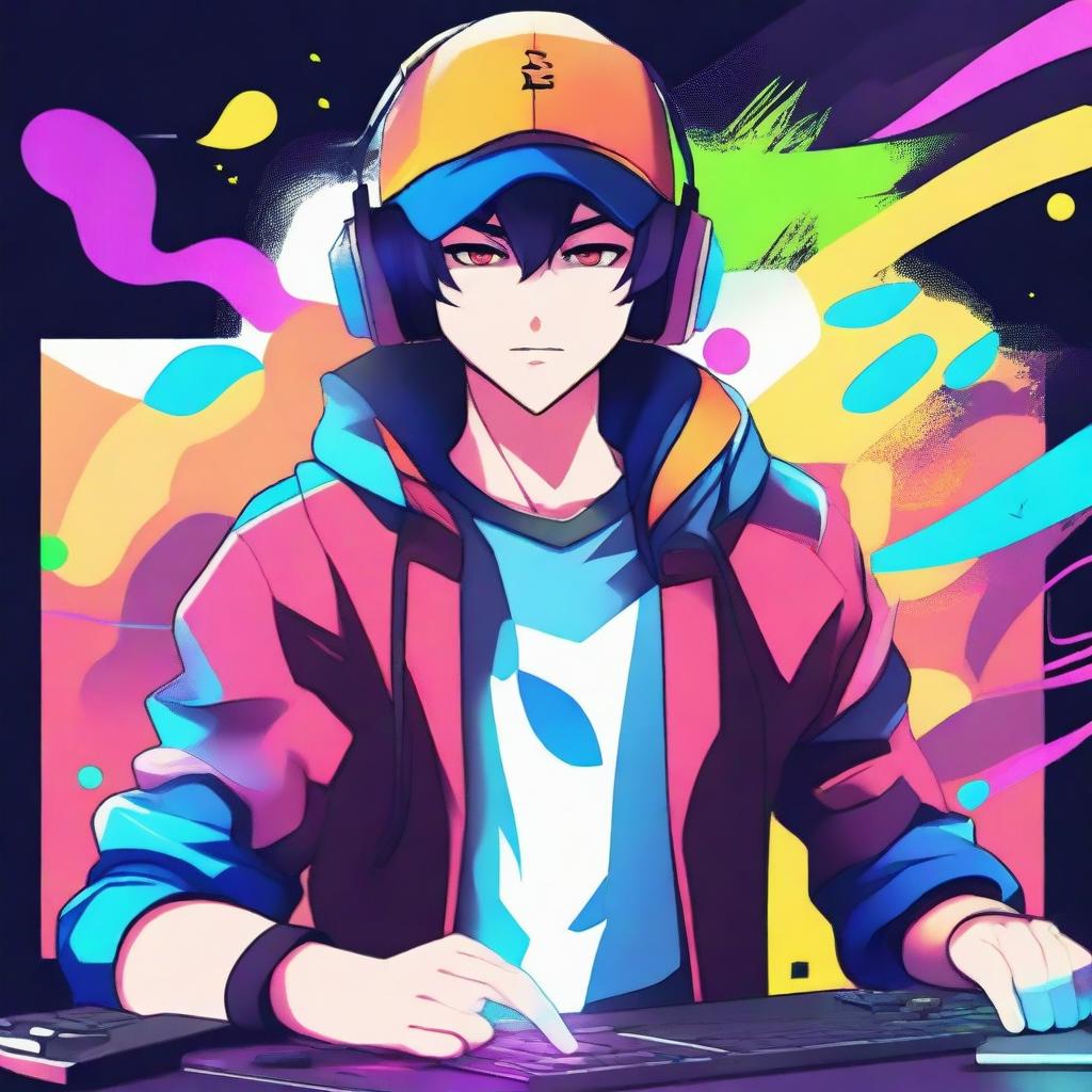 Create an image of an anime-style gamer guy wearing a hat