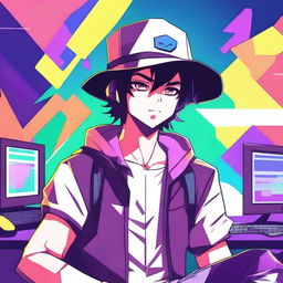 Create an image of an anime-style gamer guy wearing a hat