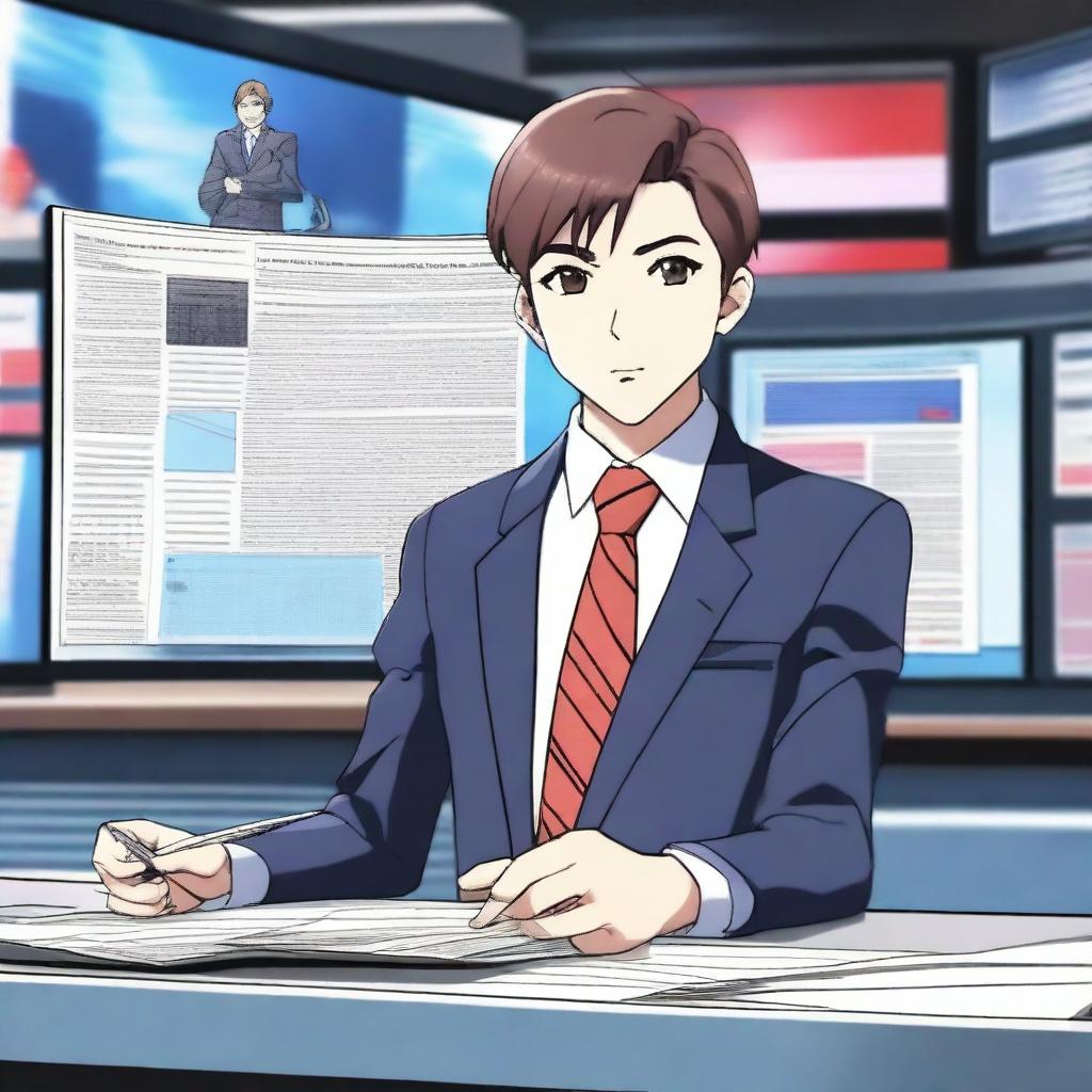 An anime-style news anchor sitting at a modern news desk, reading from a script with a professional demeanor