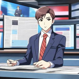 An anime-style news anchor sitting at a modern news desk, reading from a script with a professional demeanor