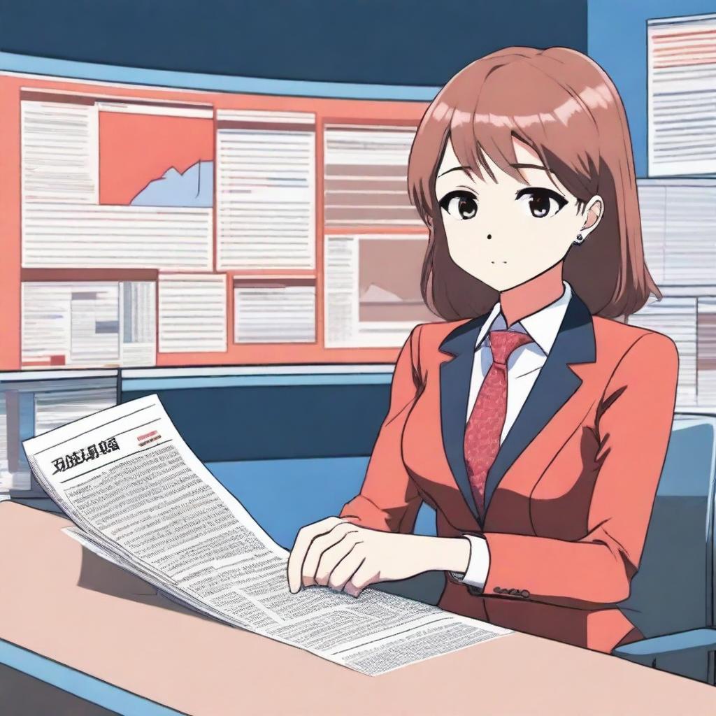 An anime-style news anchor sitting at a modern news desk, reading from a script with a professional demeanor