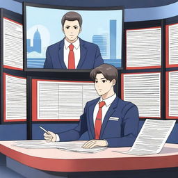 An anime-style news anchor sitting at a modern news desk, reading from a script with a professional demeanor