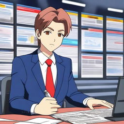 An anime-style news anchor sitting at a modern news desk, reading from a script with a professional demeanor