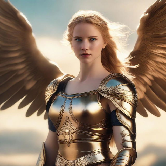 Cinematic profile of a casually dressed 22-year-old woman with blue eyes and golden hair flowing and loosely braided