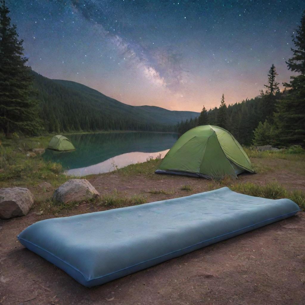 A single-person foam sleeping pad in an outdoor campsite, set against the backdrop of a starlit sky and serene nature.