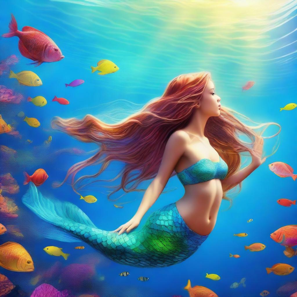 A beautiful mermaid swimming gracefully in the clear blue ocean, surrounded by colorful coral reefs and vibrant sea life