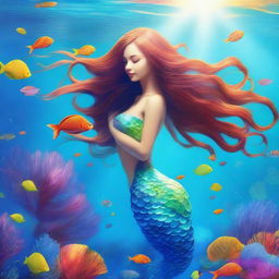 A beautiful mermaid swimming gracefully in the clear blue ocean, surrounded by colorful coral reefs and vibrant sea life