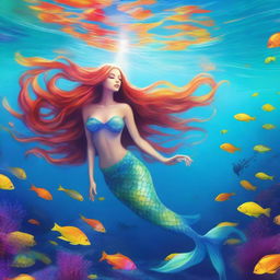 A beautiful mermaid swimming gracefully in the clear blue ocean, surrounded by colorful coral reefs and vibrant sea life